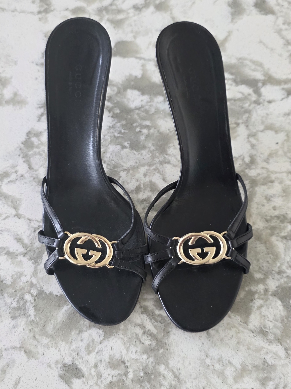 Gucci Black Leather Slide Mules with Gold Double G Size 8